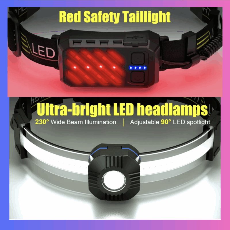 LED Headlamp Flashlight, Rechargeable with 230° Wide Beam, Red Taillight, 10 Modes, Lightweight for Outdoor Use - Image 3