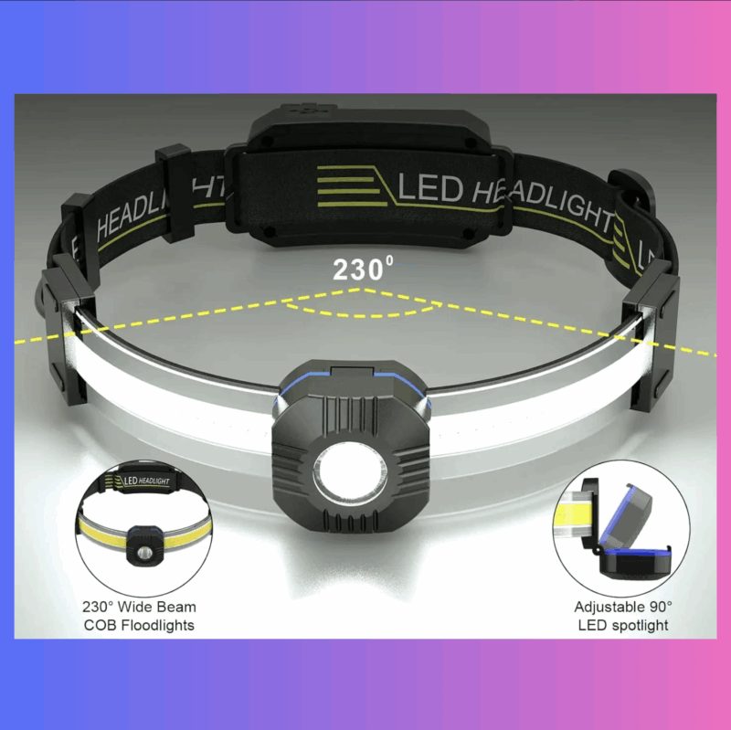 LED Headlamp Flashlight, Rechargeable with 230° Wide Beam, Red Taillight, 10 Modes, Lightweight for Outdoor Use - Image 2